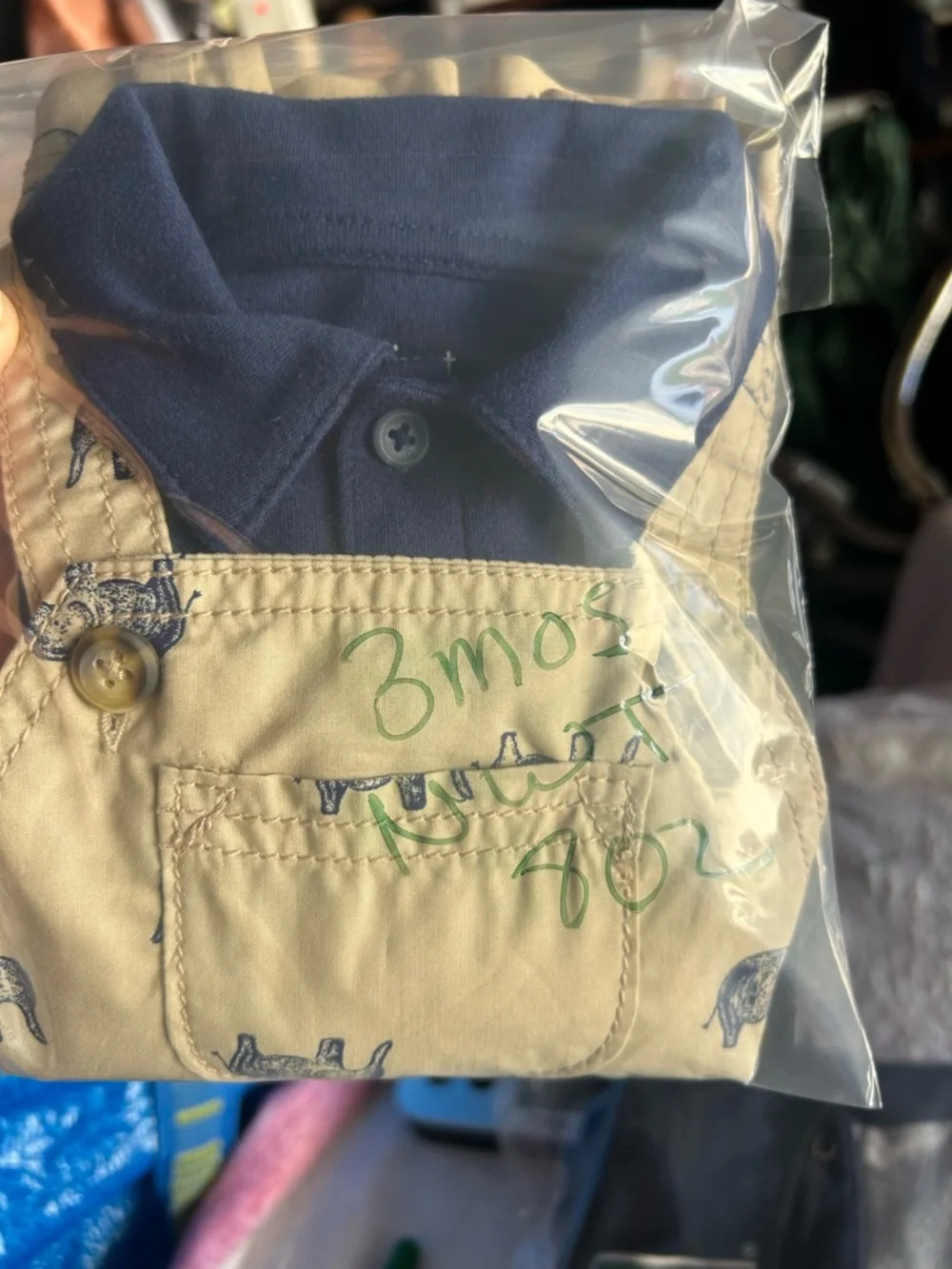 Carter's Navy Polo with Tan Elephant-Print Short Overalls